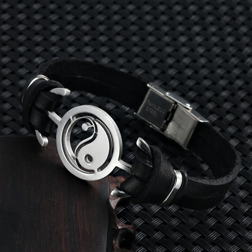 Bracelet Jewelry Trend Jewelry Stainless Steel Tai Chi Yin Yang Fish Leather Bracelet Double Cuff Men's Bracelet Pulsera Hombre