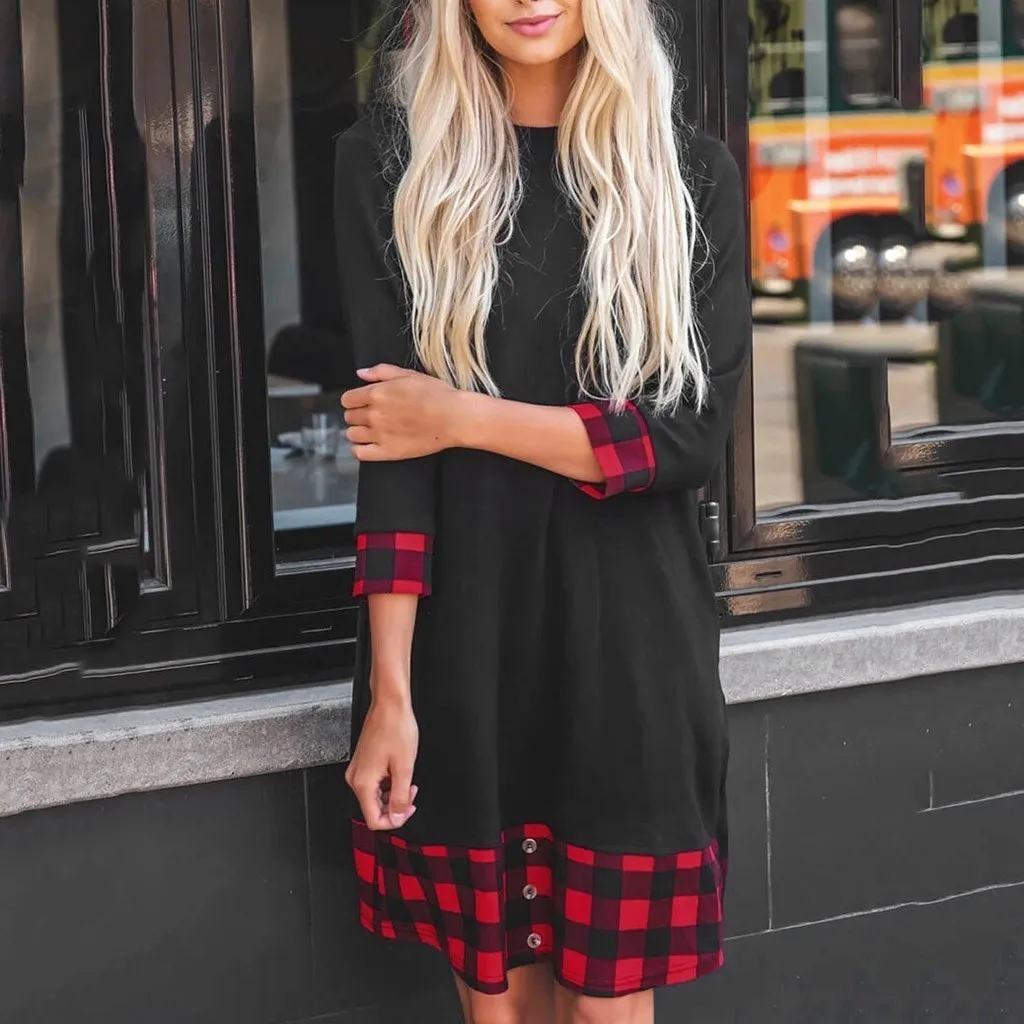 Women Spring Loose Dress Red Lattice Splicing Three Quarter Sleeve Button Waist Elegant O Neck Dresses NEW | Женская одежда