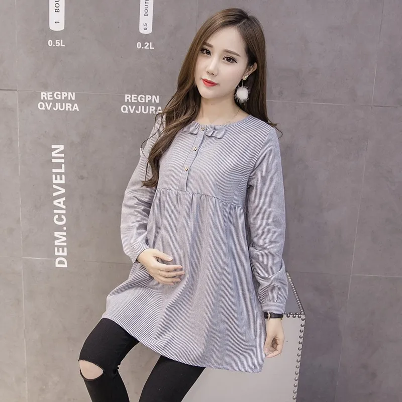 Shirts Pregnant Women Bow Spring Loose Pregnancy Top Blouses Fashion Striped Maternity Clothes Casual Shirtdress