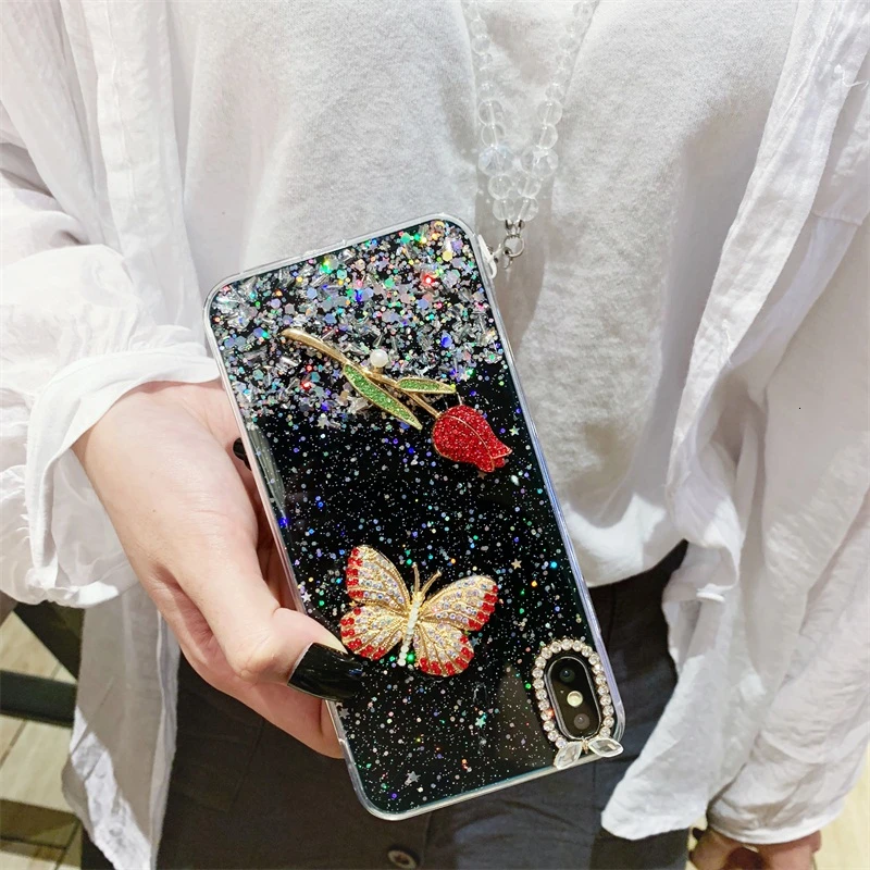 Роскошный Модный Блестящий 3D чехол для телефона с розой и бабочкой IPhone 11 Pro Max 6 6S 7 8