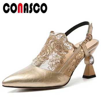 

CONASCO Summer Fashion Elegant Women Slingbacks Pumps Genuine Leather Embroider Mesh High Heels Pointed Toe Party Shoes Woman