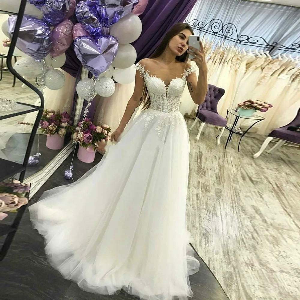

Сексуальное Тюлевое свадебное платье-трапеция с V-образным вырезом, женское платье с аппликацией, длиной до пола, официальное платье невесты, женское платье