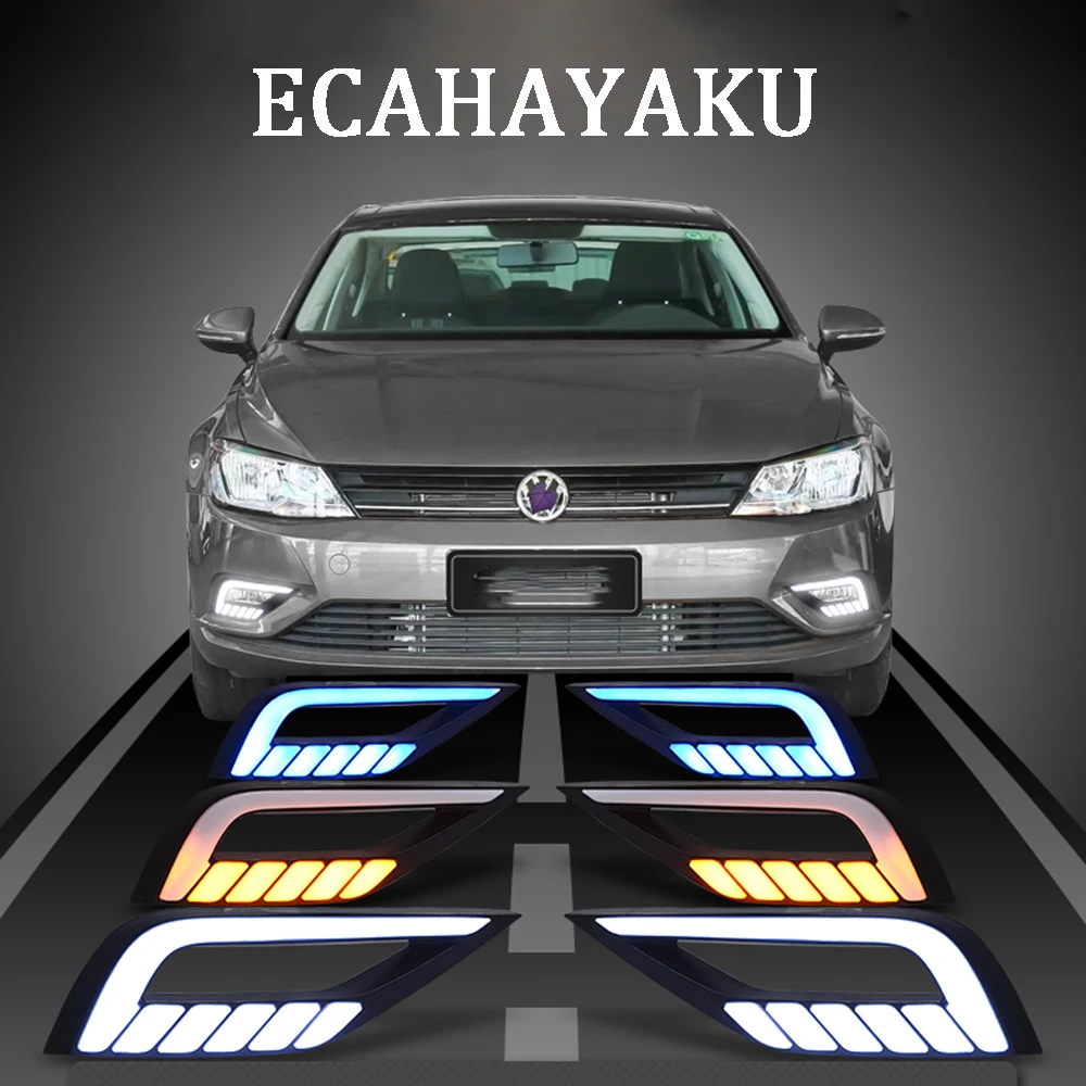 

ECAHAYAKU Car Styling LED DRL Daytime Running Light for VW Lamando 2015 with Yellow Turn Signal Light Blue Night Running Light