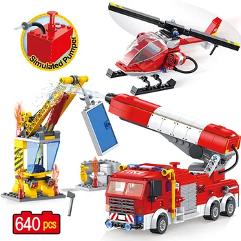 

640PCS City Military Water Jet Fire Car Brigade Building Blocks Compatible Police Fire Station Bricks Kids Toy for Children