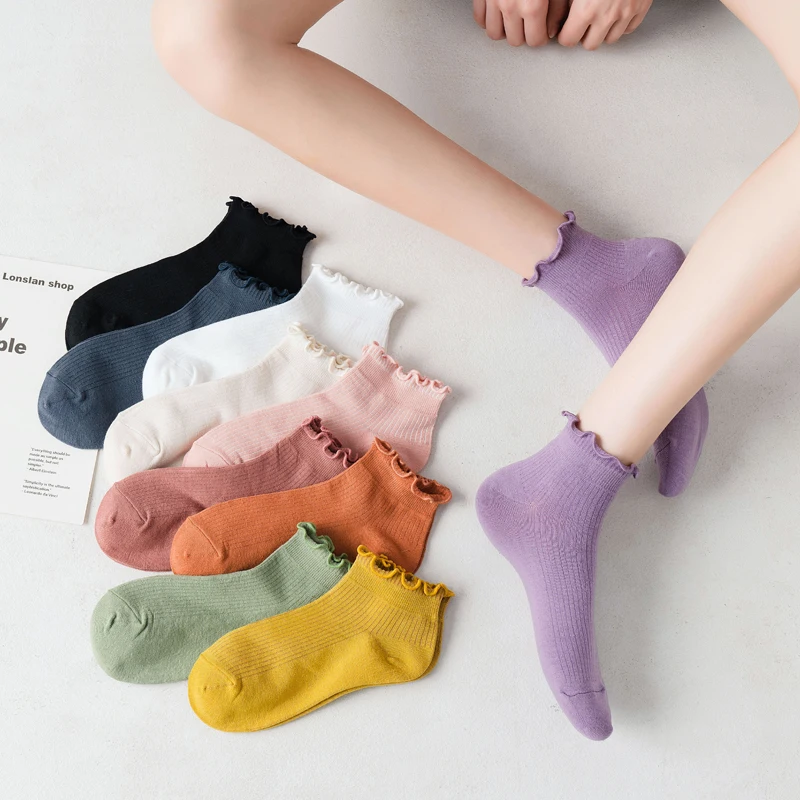 

Funny and lovely women's cotton socks college girl Ruffle socks casual girl solid color socks summer candy boat socks