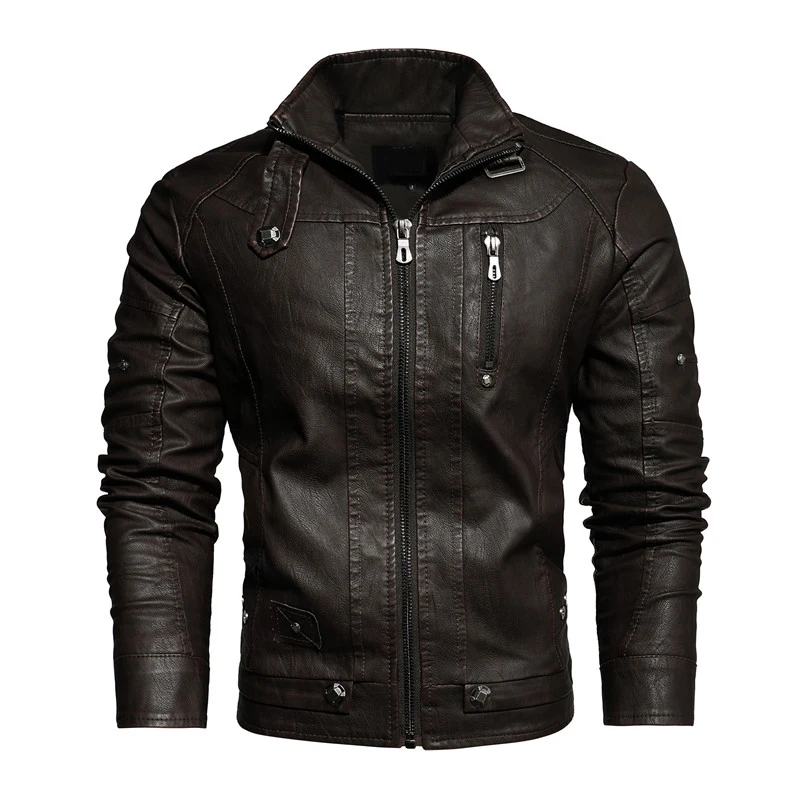 Новое поступление, кожаная мужская куртка, повседневная мотоциклетная куртка на молнии, высокое качество, флисовая мужская кожаная куртка, локомотив, мужские пальто - Цвет: Coffee 8822