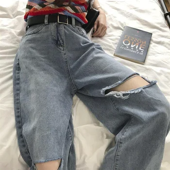 

GOOHOJIO 2020 New Pockets Solid Color High Waist Jeans for Women Streetwear Straight Jeans Ladies Hole Blue Wide Leg Denim Pants