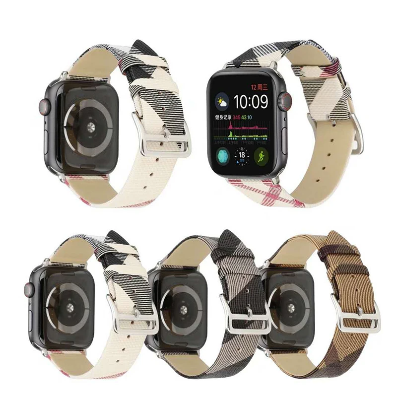 Plaid Pattern Leather Bracelet strap for Apple Watch 5 4 44 40MM Leather Strap for iWatch 2