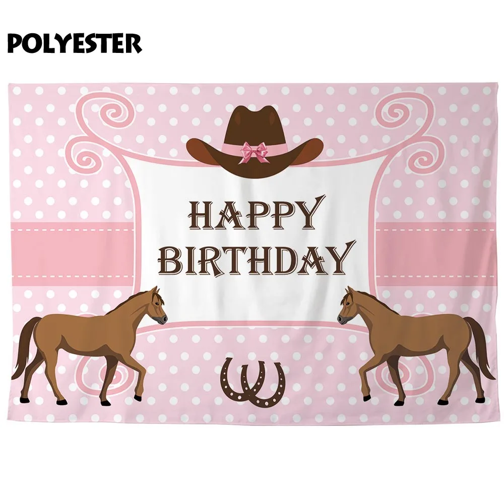 Allenjoy Banderoles Joyeux Anniversaire Chapeau De Cheval De Dessin Anime Rose A Pois Pour Fille Arriere Plan De Photographie Tissu De Fete Prenatale Fournitures De Fete Aliexpress