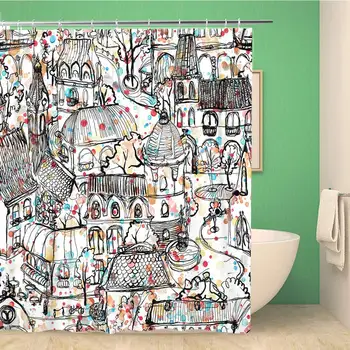 

Bathroom Shower Curtain Watercolor Abstract Old Town Colorful Green Architecture Retro City 72x78 inches Waterproof Bath Curtain
