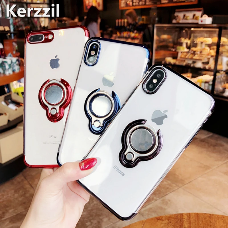 

Luxury Finger Holder Plating Case For iPhone X XR XS Max Car Stand Transparent Soft Silicone Back Cover For iPhone 7 8 6 6s Plus