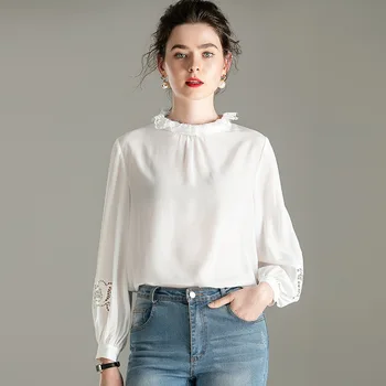 

A201012 Silk Shirt Female Foreign Style 2020 White Long Sleeve Shirt Auricularia Auricularia Temperament Silk Top