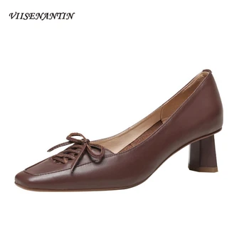 

Retro Style Square Toe High Heel Women's Pumps Thick Heels New Fashion Cowhide Shallow Mouth Lace-up French Mid-heel Brown Shoes