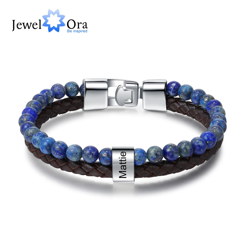 

JewelOra Нержавеющая сталь Подгонянный Голубой и украшениями в виде цепочек и кругов из бисера браслет персонализированные гравировка имени на Для мужчин Браслеты подарок для папы