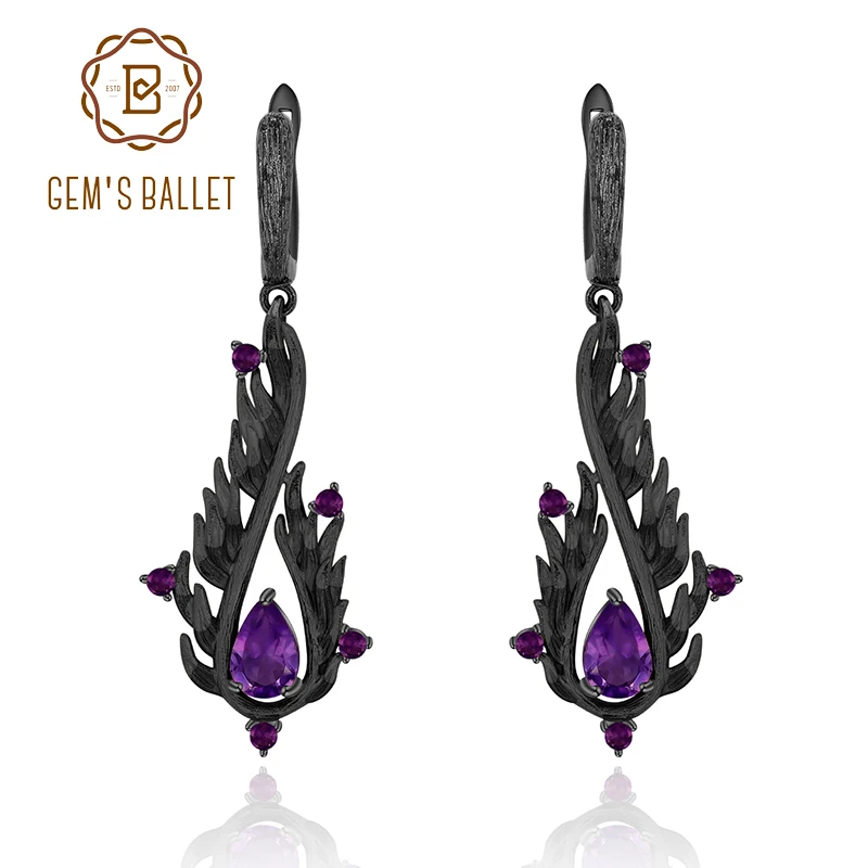 GEM’S BALLET 2.1Ct Natural Amethyst Earrings 925 Sterling Silver Handmade Angel’s Wing Drop Earrings for Women Fine Jewelry