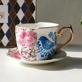 

220mL European Phnom Penh Flower and Bird Ceramics Cup Asymmetric Palace Style Creative Coffee Mug Afternoon Tea Cup with Saucer