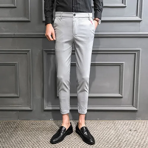 Light Grey Модные деловые повседневные мужские брюки тонкие элегантные мужские брюки костюм брюки мужские строгие брюки 28-34 - Цвет: Light Grey