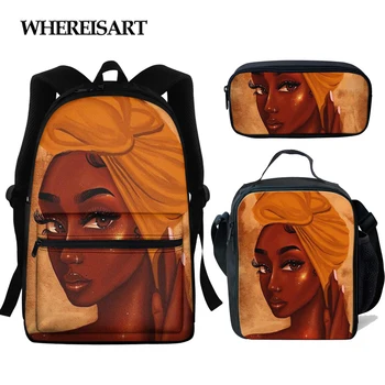 

WHEREISART Children Backpack Girls School Bags Set for Kids Black Art African Girl Print Bagpack Toddlle Back Pack Bolso Afro