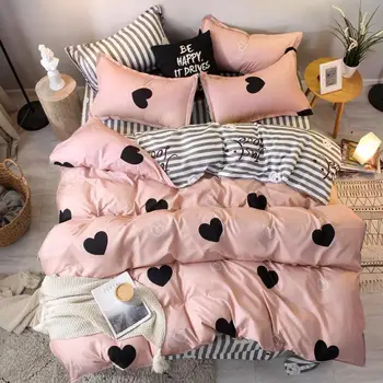 57 3/4pcs pinkheart bedding set Super king size bed linens reactive printing duvet cover set brief style home bed set flat sheet 1