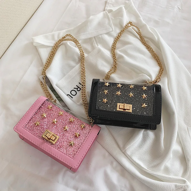 

2019 Summer New Style WOMEN'S Bag Transparent Gel Bag Star CHIC Chain Shoulder Shoulder Square Sling Bag