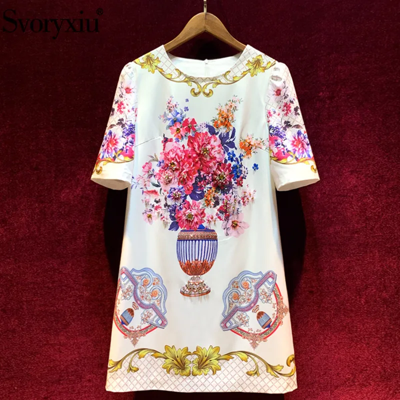 Svoryxiu 2020 Runway Custom Summer Plus Size Loose Short Dresses Women's Half Sleeve Beaded Diamond Vase Print Fashion Dress Svoryxiu 2020 Runway Custom Summer Plus Size Loose Short Dresses Women's Half Sleeve Beaded Diamond Vase Print Fashion Dress