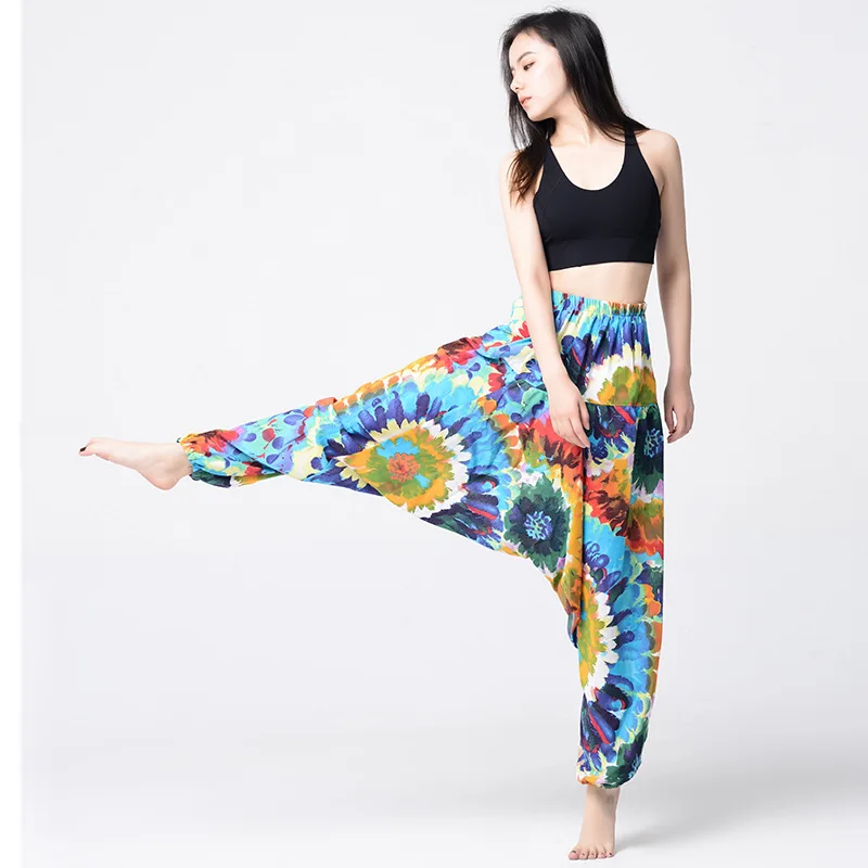 Pantalones indios tailandeses para mujer, pantalón holgado, de algodón, lino estampado, estilo bohemio, Hippie, para Festival, con cintura elástica, estilo nacional