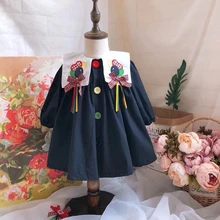 Розничная ; коллекция года; испанское платье принцессы с бантом для девочек; роскошное детское платье с длинными рукавами и темно-синим воротником; осенняя одежда для малышей