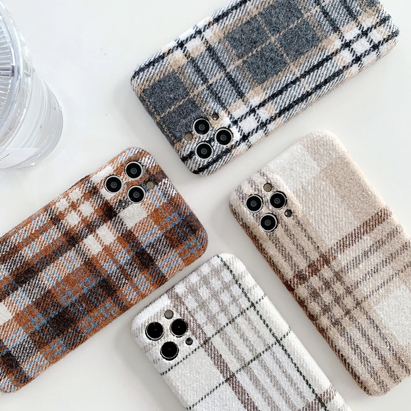 Vintage England Woolen Plaid Phone Case For iPhone 13 12 11 Pro Max X XR XS 7 8 Plus Winter Warm Tartan Fabric Soft Cover | Мобильные