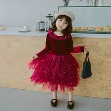 Вельветовые платья для девочек винно-красного цвета, блестящее газовое многослойное платье принцессы с длинным рукавом, одежда для малышей От 2 до 10 лет, E1021