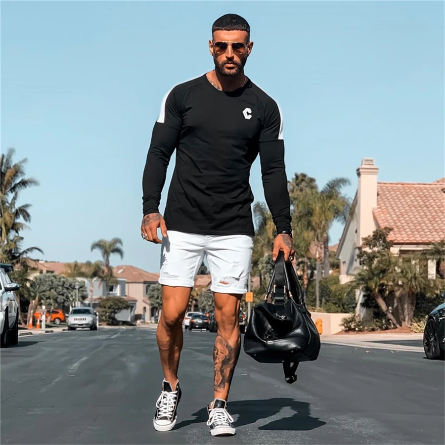 Новая спортивная рубашка для мужчин фитнес-бег футболки с длинным рукавом спортивный топ эластичная спортивная одежда Спортзал Бодибилдинг тренировочная футболка