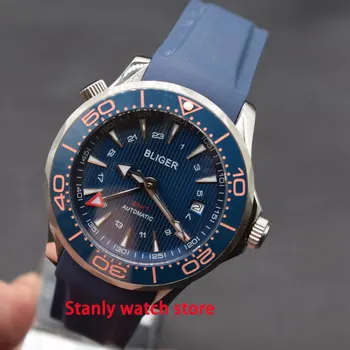 

Luxury Bliger 41mm blue dial luminous marks ceramic bezel sapphire GMT function automatic movement men's wrist watches