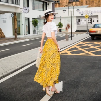 

2020 Summer Thin Prints A-Line Skirt Women Bohemian Elastic Waist Mid-calf Skirt Female Beach Loose Umbrella Skirt Brand Womans