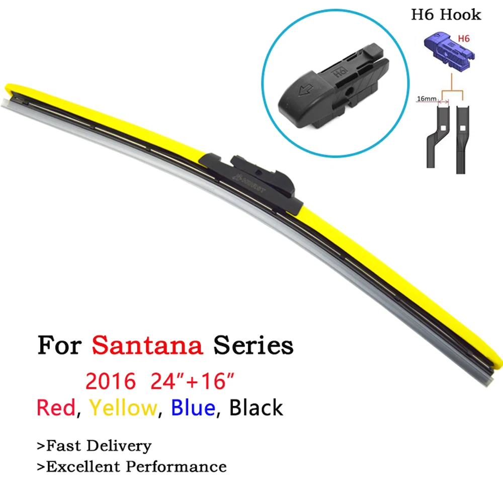 

Newest Hybrid Color Wiper Blades For VW Volkswagen Santana 2016 Accessories Yellow Blue Red Boneless Wipers 16" 24" Fit H6 Hook