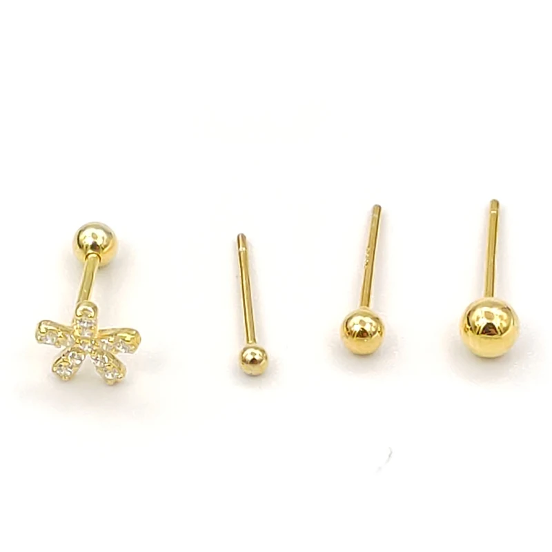 

Real 925 sterling silver ball stud earring gold flower tragus earring for women gift jewelry 4 pairs/set
