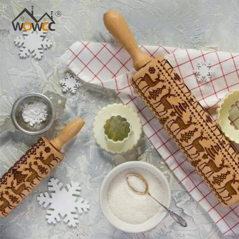 35*5cm Christmas Embossing Rolling Pin Baking Cookies Biscuit Fondant Cake Dough Engraved Wooden Roller Reindeer Elk Snowflake | Дом и сад