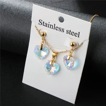 

Hottest Jewely Sets Blue Crystal Ocean Sea Heart Statement Necklace Stud Earring Set Women Party Love Gift