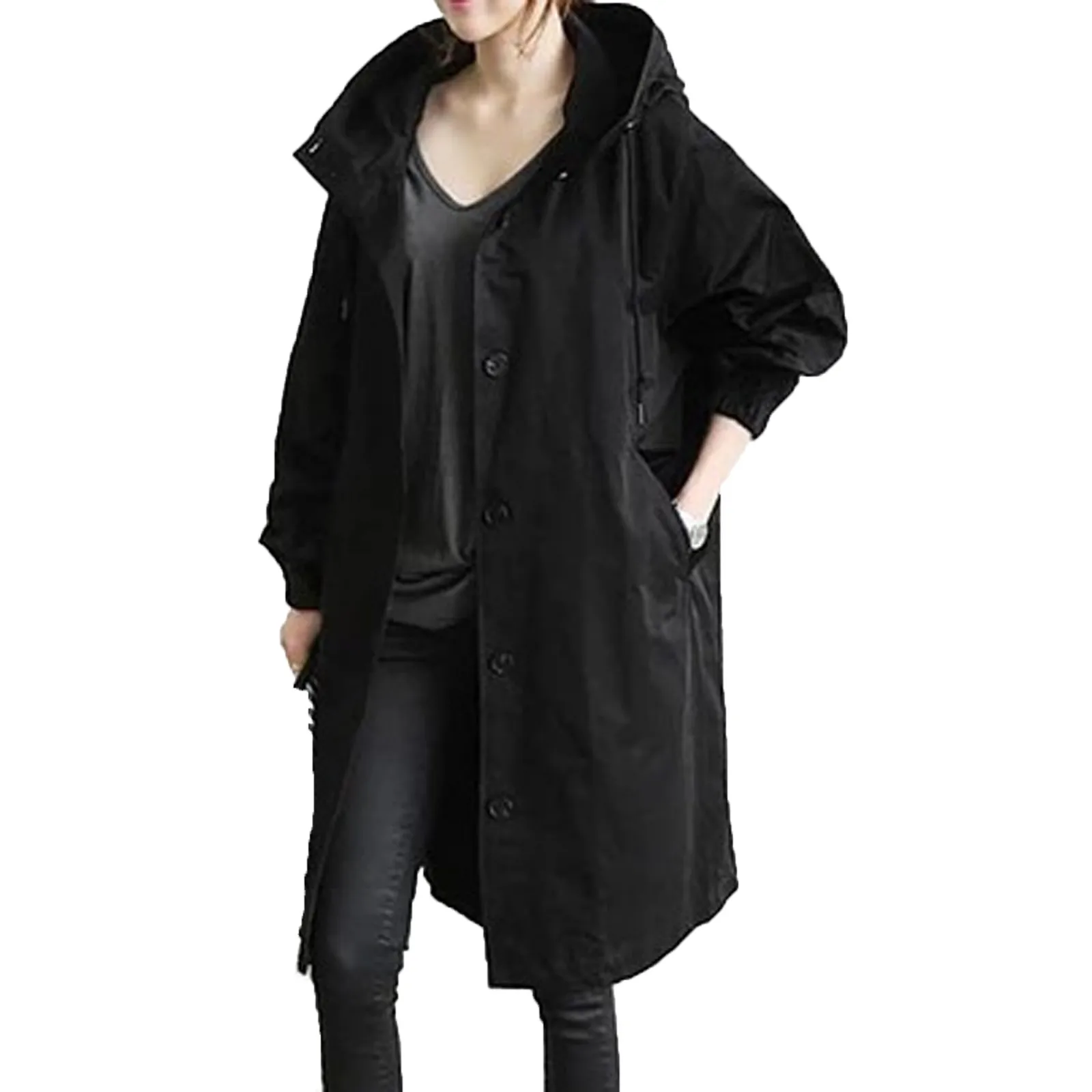 Gabardina larga de estilo coreano para mujer, abrigo a la moda de gran tamaño con bolsillo para oficina y otoño, # T2G