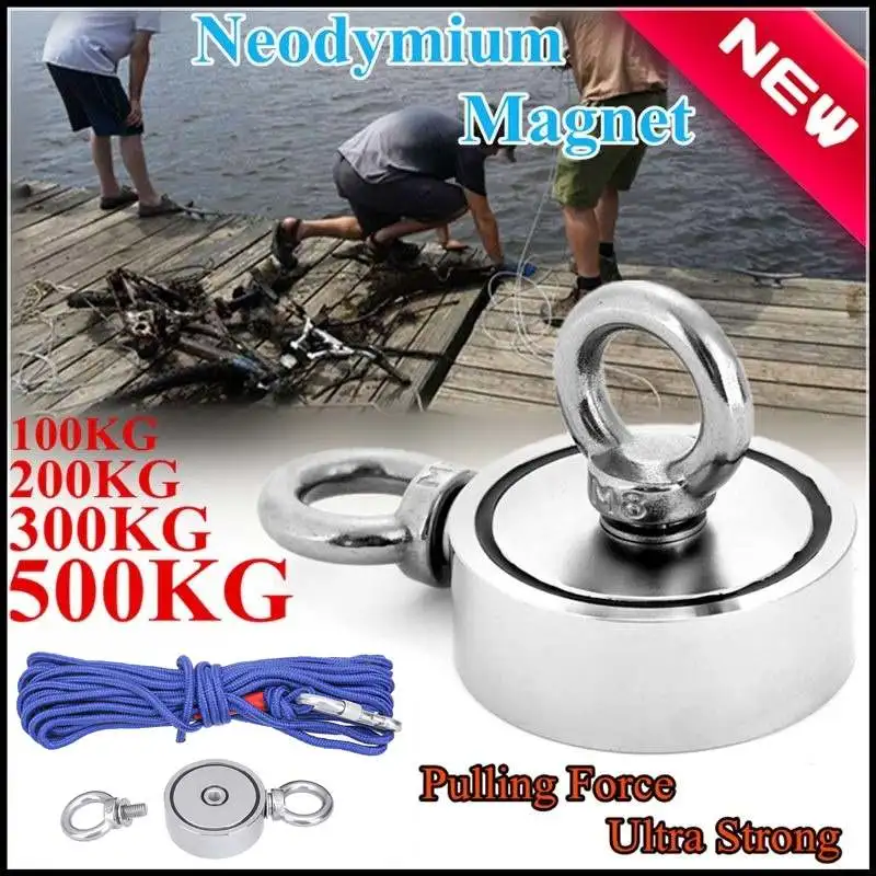 

Round Powerful Neodymium Magnet 500kg Hook Salvage Magnet Sea Fishing Equipments Holder with Ring Hunting Magnet +20M Rope