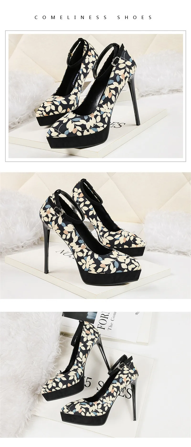 Sexy Pointed Toe High-heeled Pumps Shoes Women Ankle Strap Platform Stiletto Ladies High Heels Print Women's Wedding Dress Shoes (20)