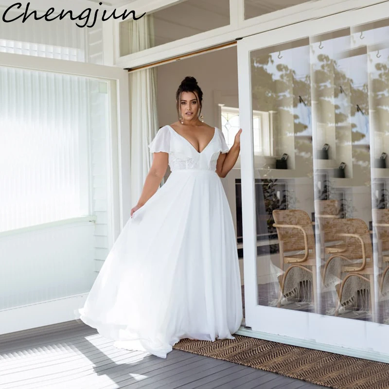 Chengjun изготовленный на заказ белый шифон Простой Пляж глубокий v-образный вырез большие размеры Свадебные платья