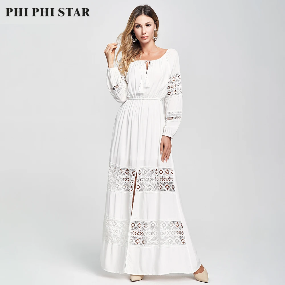 Брендовое осеннее ажурное длинное платье Phi Star винтажное женское белое