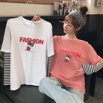 

Pure Cotton 2020 New Style Harajuku-Style Joint Mock Two-Piece Loose-Fit Long-sleeved T-shirt Women's INS Fashion 7061