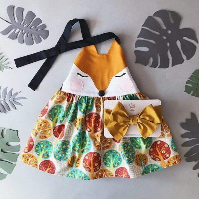 Emmababy, милое платье с рисунком лисы для маленьких девочек, одежда на лето и осень, короткое платье без рукавов, сарафан, повязка на голову
