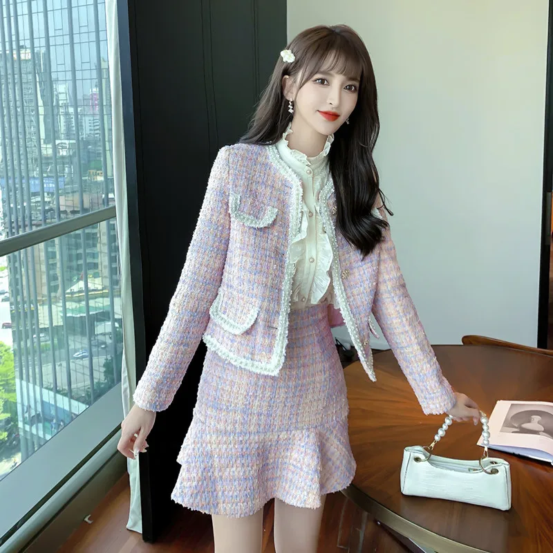 

2024 New Autumn And Winter Women Two Pieces Set Long Sleeve Vintage Tweed Jacket Coat +High Waist Woolen Skirts Fashion Outfits