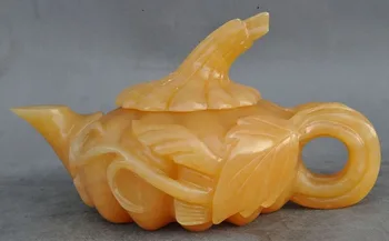 

wedding decoration 11"China Fengshui Natural Yellow Jade Carving pumpkin lucky Wine TeaPot Flagon