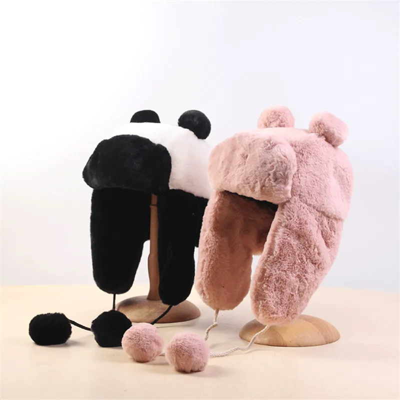 

Women Faux Fur Aviator Hat Fur Pompom Hunter Hat Bear Ear Hat Warm Winter Fur Hat Bomber Hat Russian Hat Earflaps Ear Protection