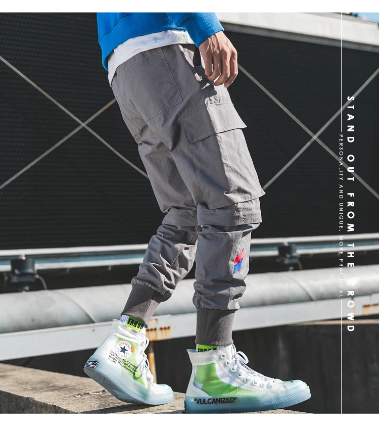 Men's Casual Pants High quality Polyester Hip Hop jogging Sweatpants Leg detachable 2 use Multi-pocket Fashion Cargo Pants A909