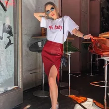 Женская сексуальная юбка из искусственной кожи с высокой талией, с разрезом, на молнии, в стиле хип-хоп, посылка, красные, облегающие, женские, вечерние, для ночного клуба, кожаные, миди юбки