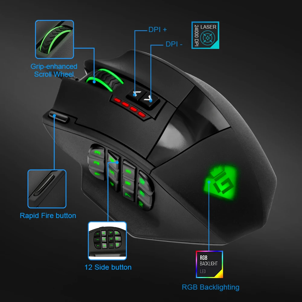 Rocketek USB игровая RGB мышь 16400 DPI 19 кнопок эргономичный дизайн для настольного