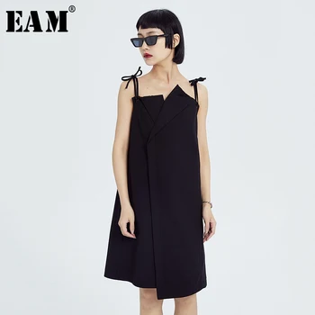 

[EAM] Women Black Irregular Pleated Spaghetti Strap Dress New Sleeveless Loose Fit Fashion Tide Spring Summer 2020 1X653